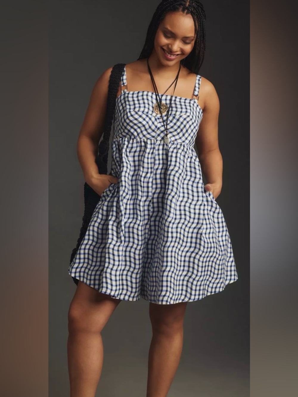 Maeve Navy and White Gingham Sleeveless Romper Dress